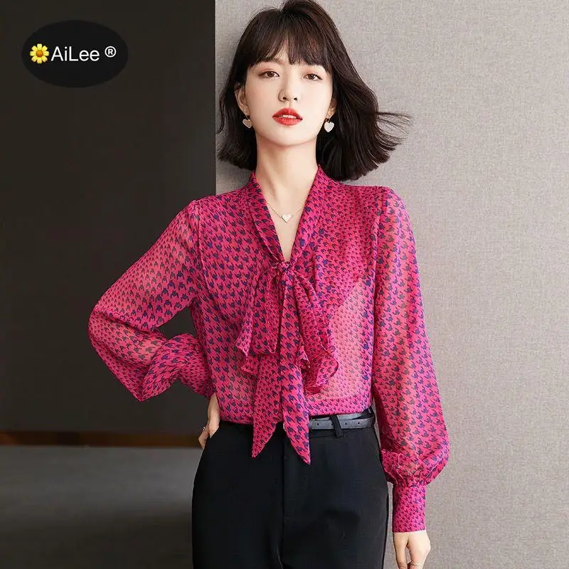 Bird Lattice Houndstooth Rose Blouse Women Ribbon Bow Neck Tops Sheer Chiffon Dots Shirts Long Sleeve Office Work Business Wear