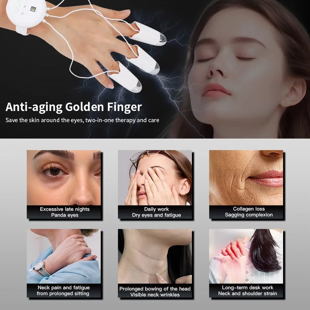 ปลอกนิ้ว E-3 สำหรับรวบรวมพลังงาน ลดเลือนริ้วรอยบนใบหน้าและลำคอ อุปกรณ์พกพา ไมโครเคอร์เรนท์ EMS ทองคำ ช่วยลดเลือนริ้วรอยแห่งวัย