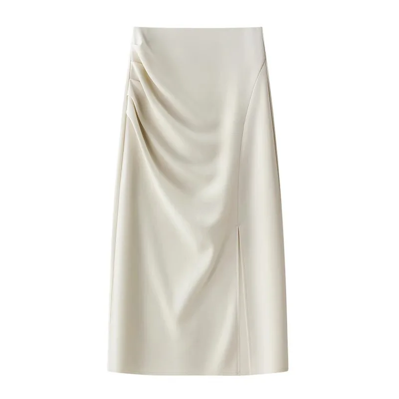 Women's Satin Draped Midi Skirt Asymmetric Ruched High Waist Side Slit Elegant