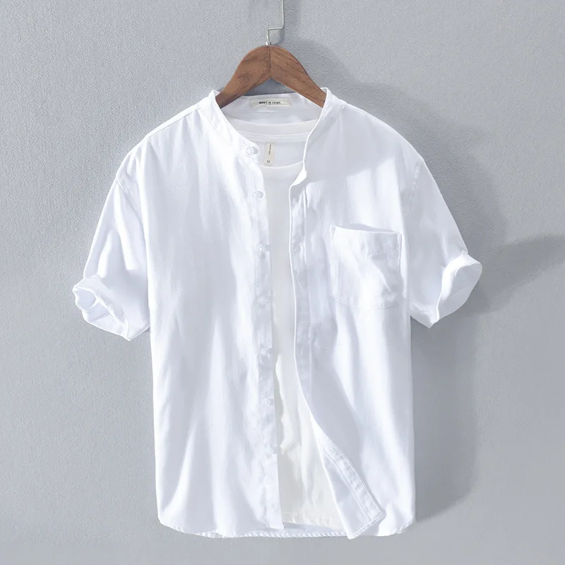 Men's Oxford Spinning Pure Cotton Short Sleeve Shirt Simple Stand Collar Cotton