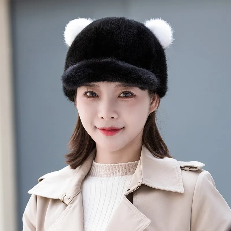 A leather hat for women's autumn and winter warmth fashionable versatile cute cat-eared fur