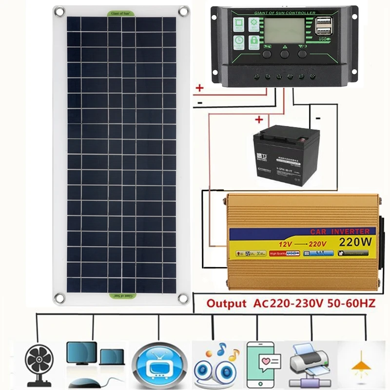 1000W Inverter Solar System 30W Solar Panel Kit Complete with Controller 12V Solar Power Battery Charge Set for Home Car Camping