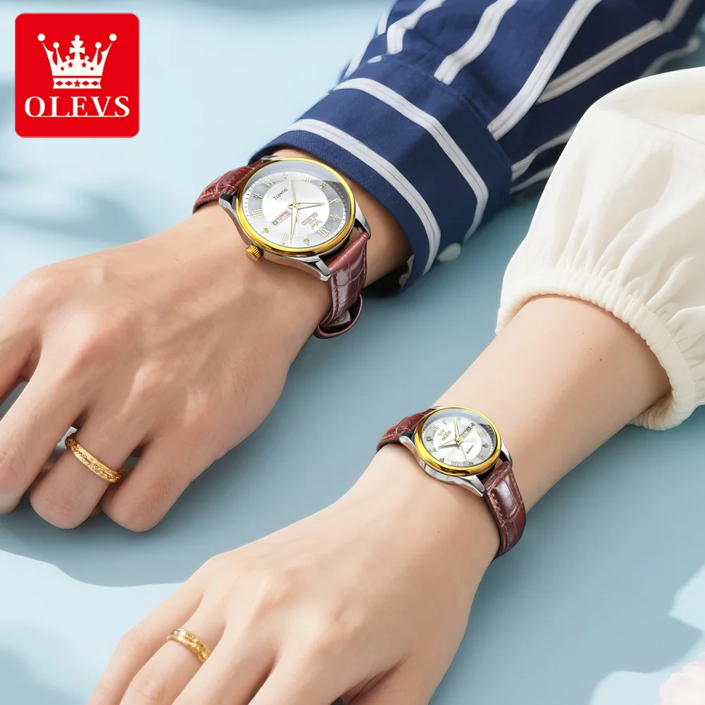 OLEVS 3649 ساعة الزوجين الأصلية الكوارتز AutoDate عرض أسبوعي حزام من الجلد مضيئة مقاوم للماء للرجال النساء الفاخرة Wistwatch