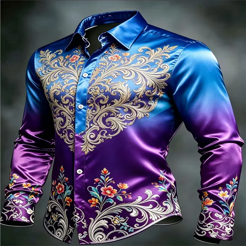 Men Satin Long Sleeve Dress Shirt Blue Purple Gradient Baroque Floral Print Button‑Down Collar Male Party Banquet Formal Casual