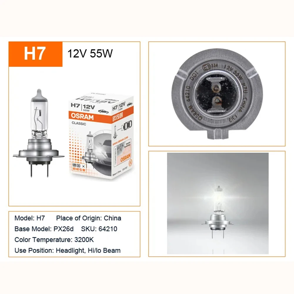 OSRAM Original CLASSIC H7 64210 PX26d Standard Headlight 12V 55W 3200K 1500 lm Fog Light Hi/lo Beam Halogen Car Bulb