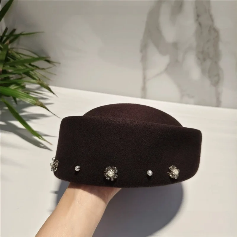 Ultra-Fine Australian Wool Mini Hat: Elegant Fall/Winter Pillbox Hat, Rhinestone and Pearl Beret, British-Style Stewardess Hat
