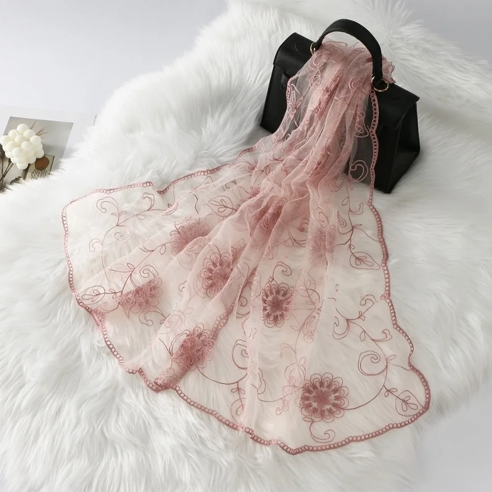Lace Scarf Embroidered Floral Headwrap Lightweight Breathable Mesh Stole Colorful Soft Summer Hijab Daily Outfit