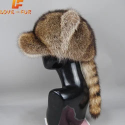 New Women Lady Real Raccoon Fur Cap Natural Raccoon Fur Caps Ushanka Hat for Winter Thick Warm Ear Fashion  Baseball Pom Pom Hat