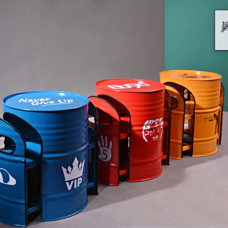 Industrial style iron sheet paint bucket card sitting bar chair drum dining table chair set bar cafe billiard table orn