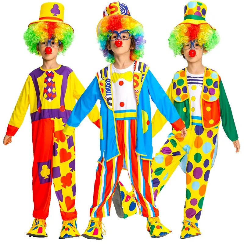 

Kids Clown Cosplay Costumes Coat Hat Halloween Magic Game Party Show Jumpsuits With Shoes Wig