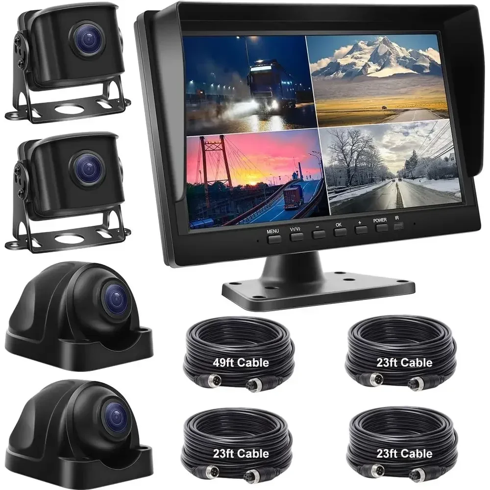 Wired Backup Camera System with 10.1’’ IPS Monitor for Truck RV Trailer Bus, Rear View Camera, with Side Front View Camera, 4 Sp
