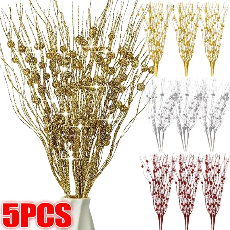 5/1PCS Christmas Tree Decoration Artificial Glitter Berry Stem Ornaments Glitter Branch Home Holiday Wedding Party Supplies