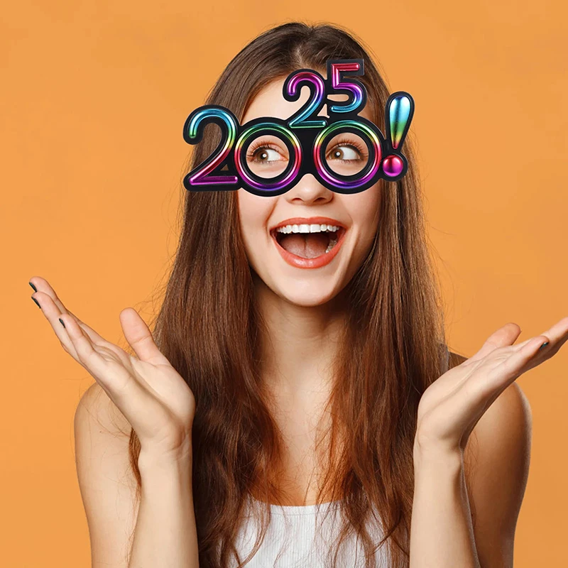 2025 Gafas Feliz Año Nuevo Gafas con purpurina de diamantes Gafas navideñas con temática fresca Accesorios de cosplay Divertidos decoraciones para fiesta de graduación