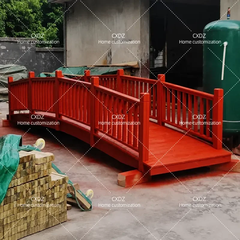 Outdoor Anti Corrosive Wood Bridge Solid Wood Arch Bridge With Hydrophilic Platform Fence And Handrail For Garden Landscape