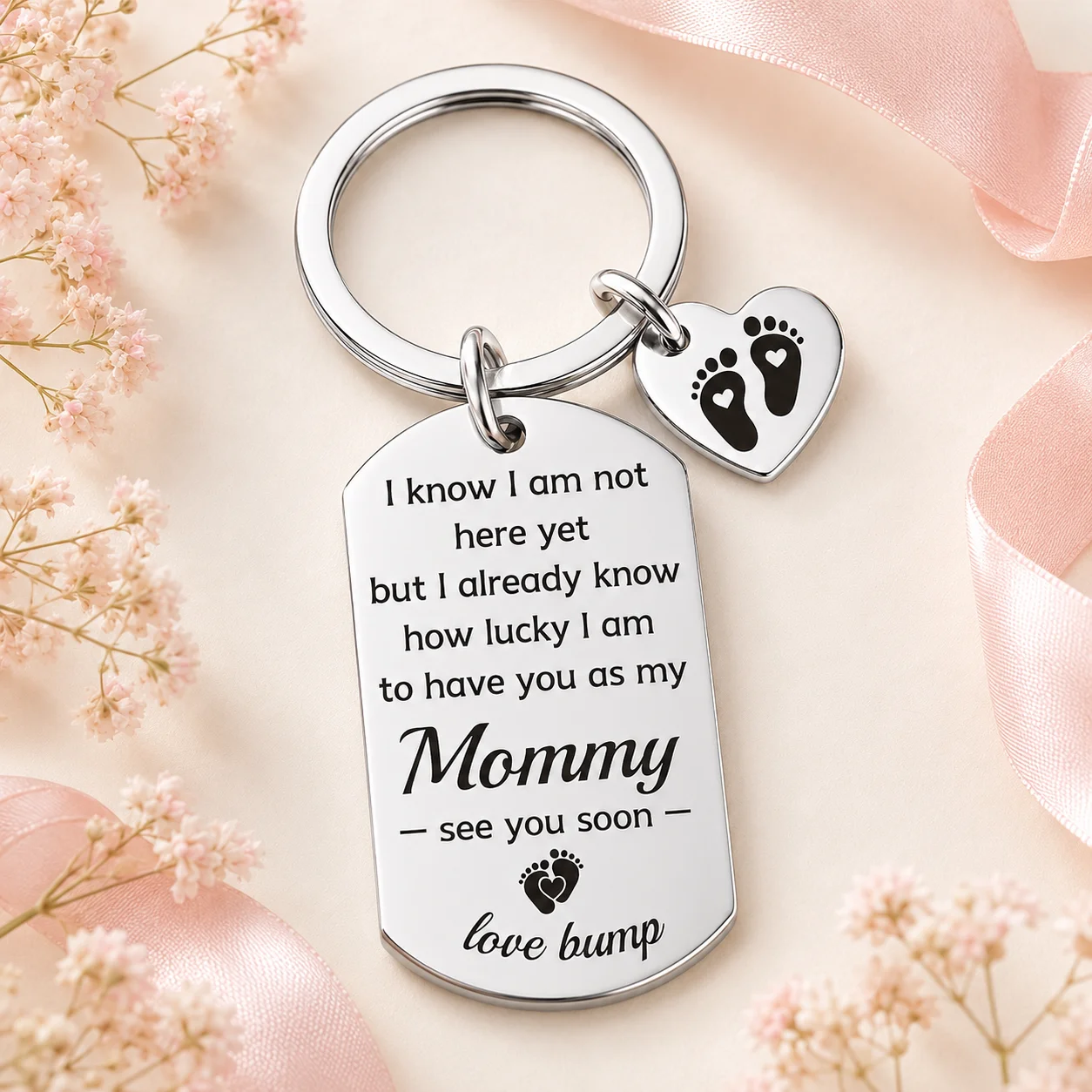 Love Bump Mommy Metal Keychain, Heart Baby Footprint Charm, Pregnancy Baby Shower Gift for Expecting Mom
