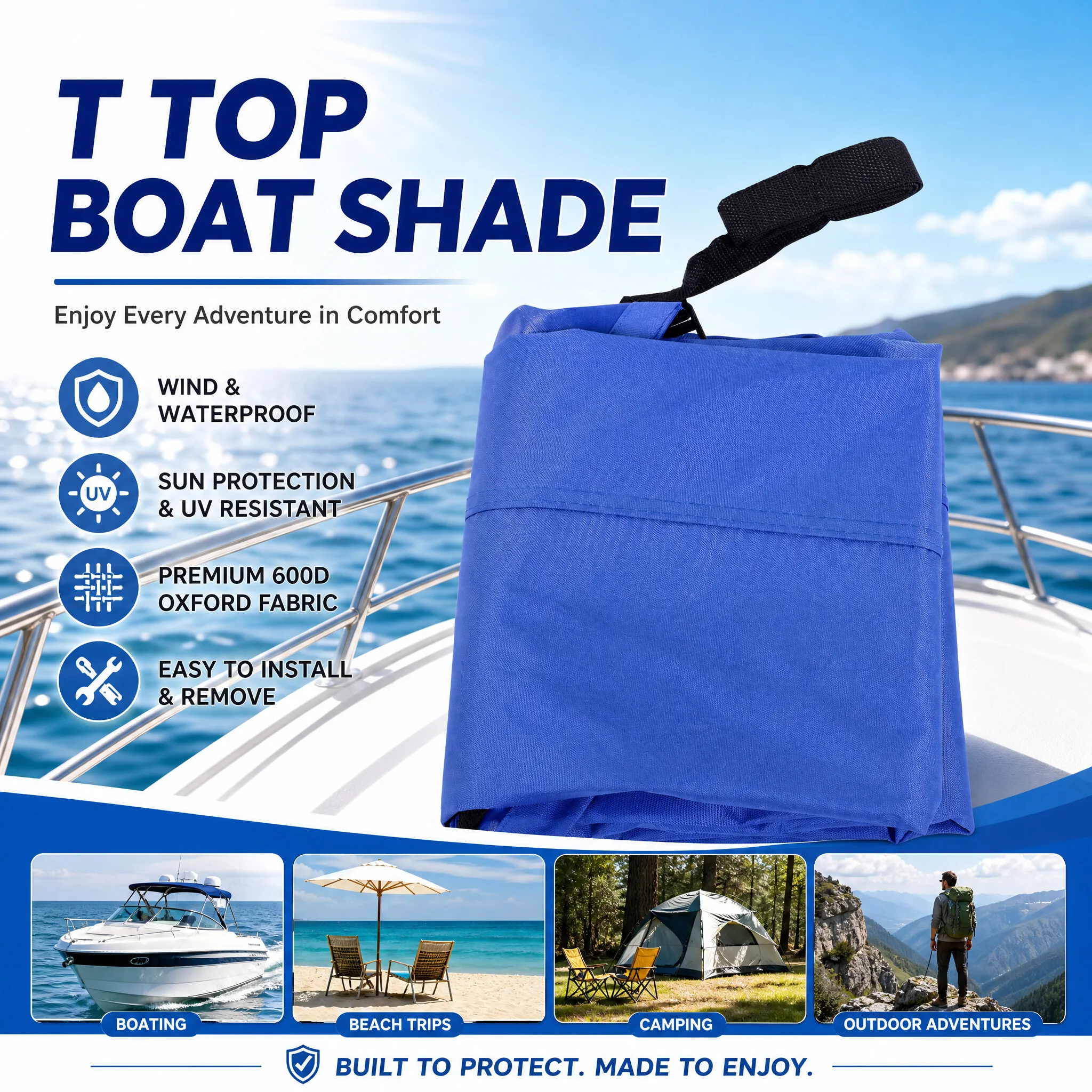 2 Sizes Boat T Top Bow Shade 600D Oxford Fabric Waterproofing Wind Proof Boat T Top Cover Sun Shade for Beach Travel Camping