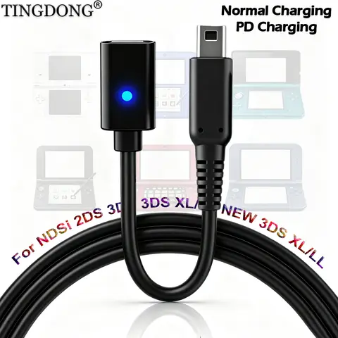Type C Femal Adapter Charging Cable, LED Indicator Adapter Cord For 3DS New 3DS XL LL NDSi 2DS,Support PD Fast & Normal Charging