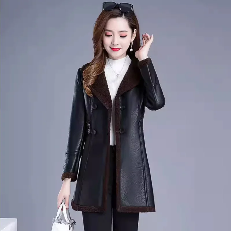 

Women's Thick Sheepskin Leather Jacket, Long Loose Overcoat, Warm Parker Coat, Windbreaker, Female Outwear, Autumn, Winter XQ20