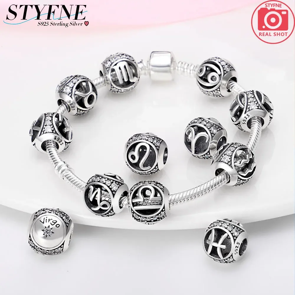 Sterling 925 Silver Twelve Constellations Black Lucky Symbol Beaded Charm for Women Diy Original Bracelet Can Be Made As A Gift