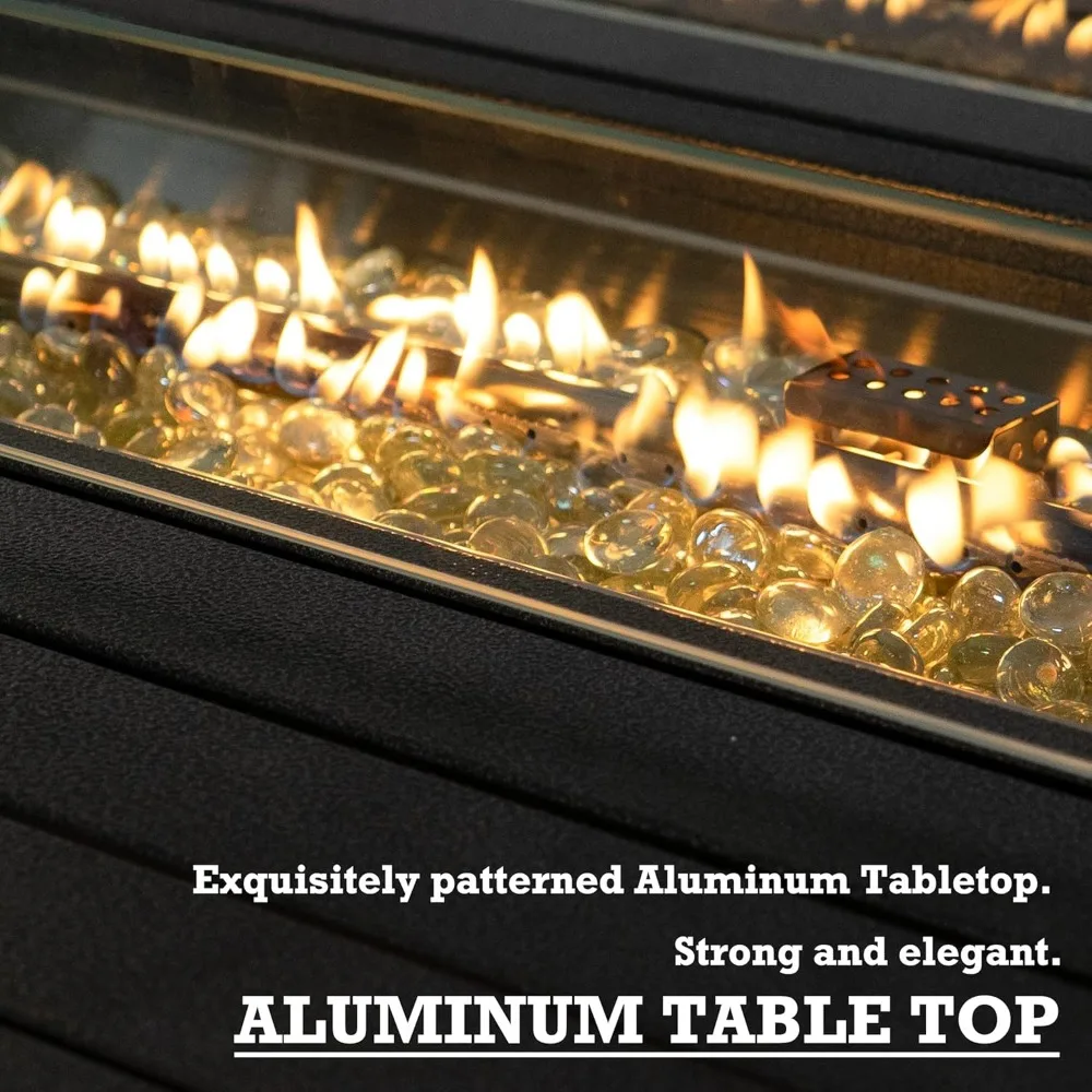Propane Gas Fire Pit Table with Aluminum Tabletop and Glass Wind Guard, Clear Glass Rocks, and Slide Out Tank Holder, Fire Table