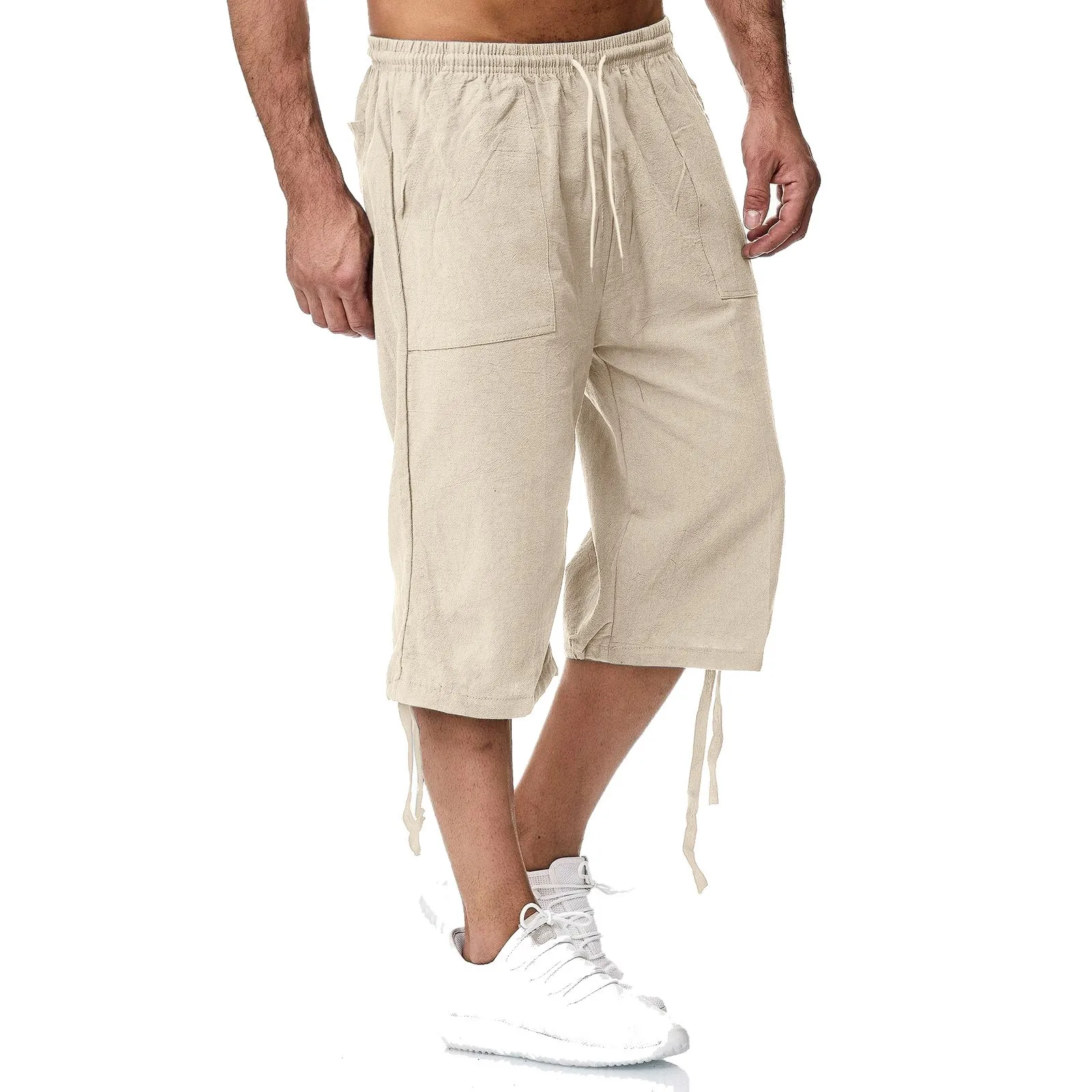 Pantalones recortados para hombre, pantalón holgado informal con cordón lateral, cintura elástica, pantalones de lino de imitación, Verano