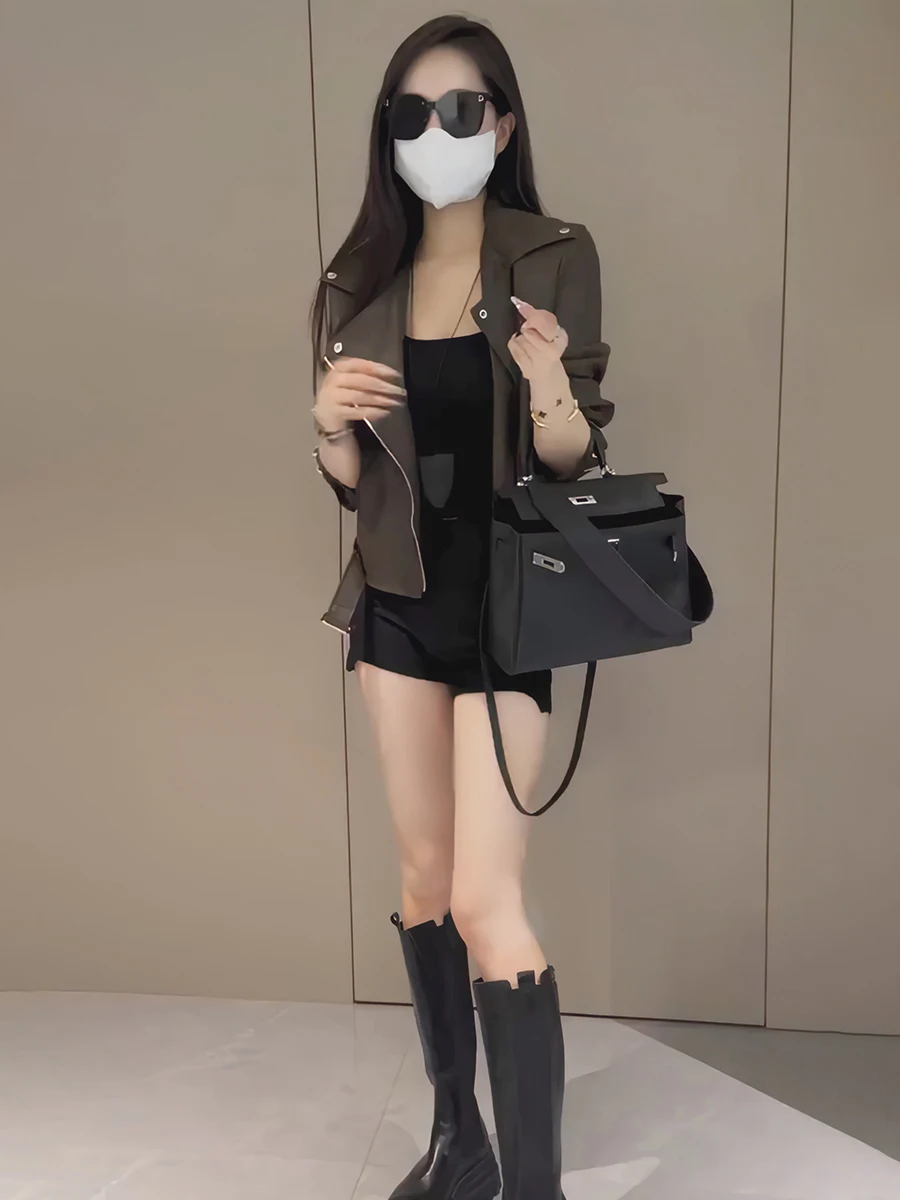 Retro Workwear lub Kurtka ze skóry PU Damska Wiosna 2026 Nowa Elegancka Luźna Uniwersalna Uliczna Bluzka Zapinana na Zamek