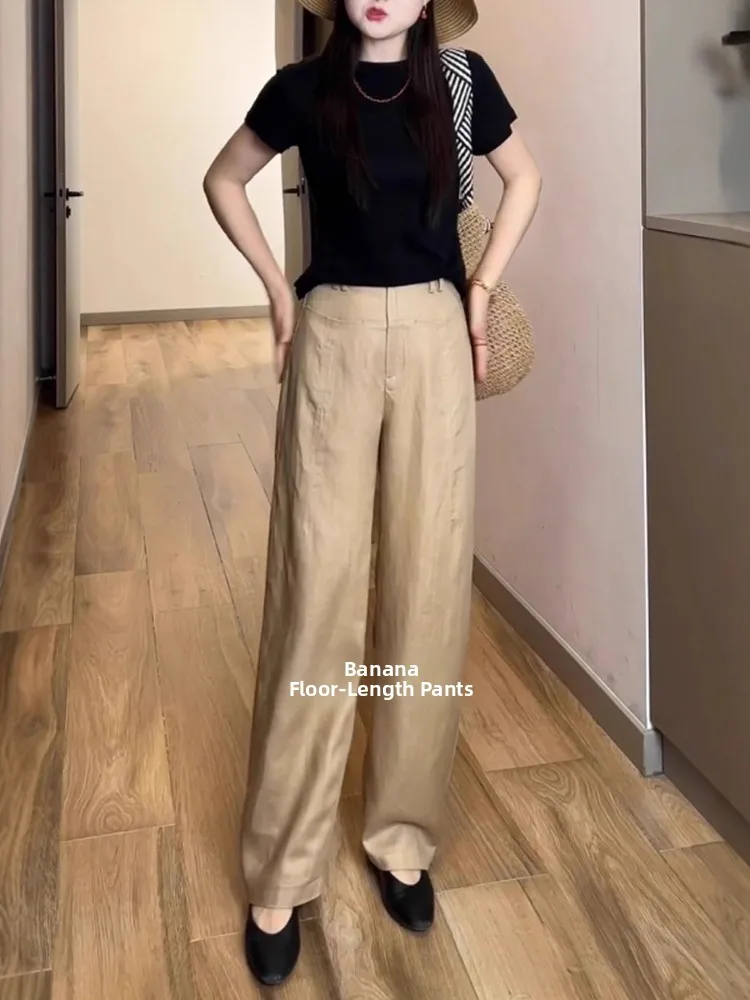 ハイウエストドレープリネンテンセル女性の夏薄いワイドレッグパンツカジュアルスーツパンツ快適な通気性のあるハイウエストパンツ