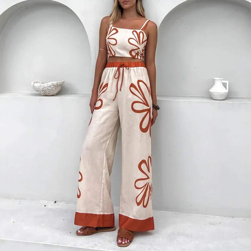 

Sets Summer Fashion Graphic Printing Patchwork Sleeveless Square Neck High Waist Full Length Wide Leg Sets For Women