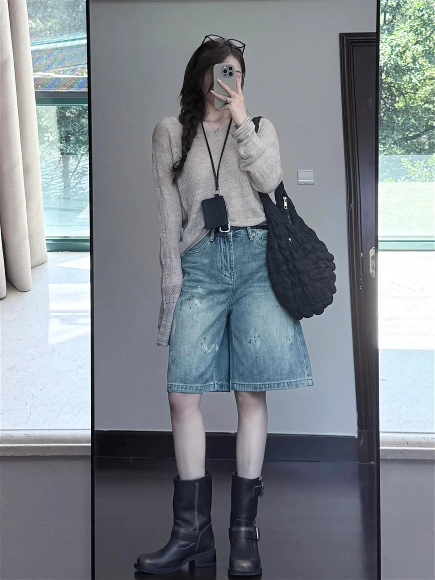 

Американские винтажные синие джинсы-бермуды для женщин, летние, свободные, с эффектом потертости, дизайнерские, с эффектом брызг краски, повседневные, высокая посадка