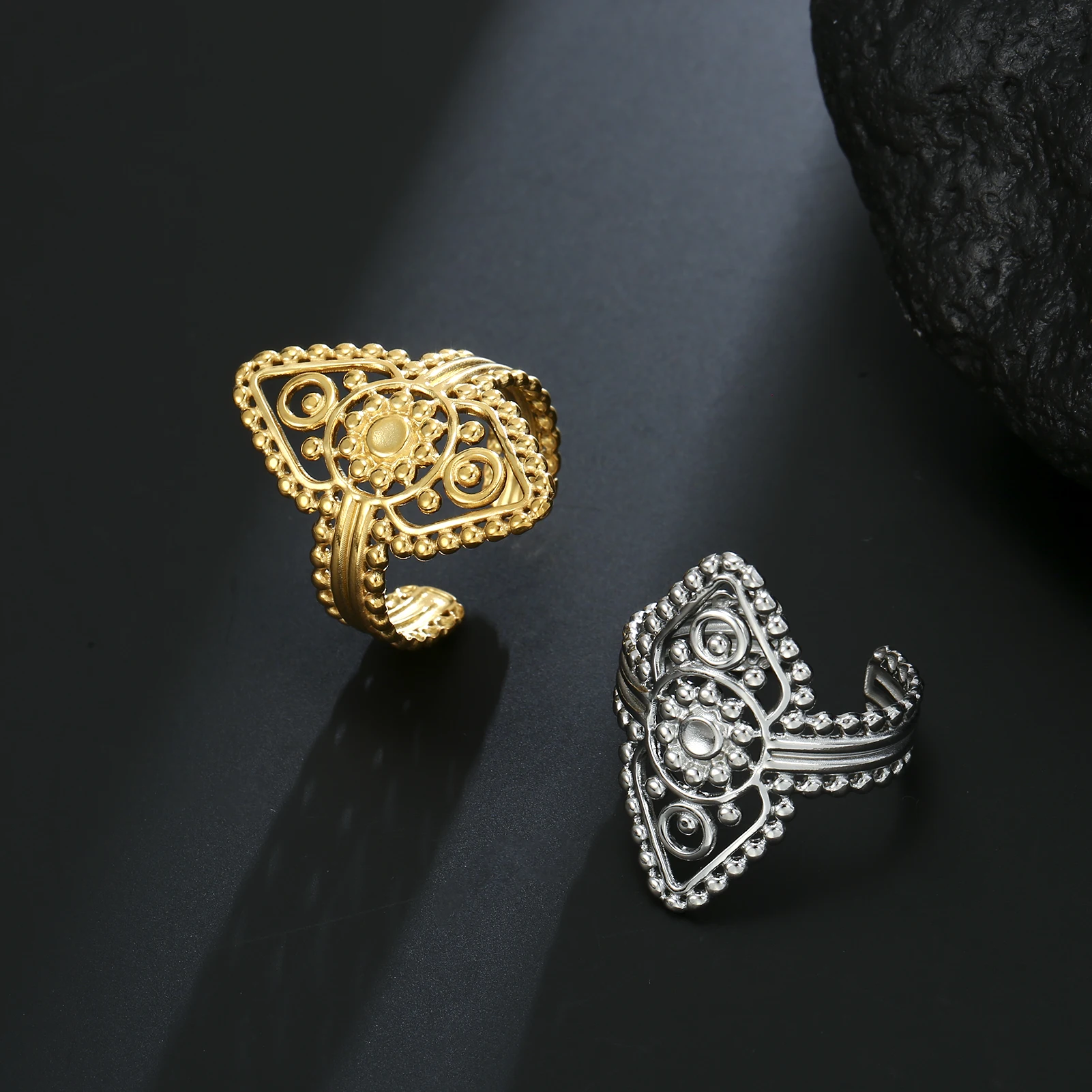 Cazador Stainless Steel Gold Color Filigree Flower of Life Rings for Women Mother Gift Finger Rings 2024 Jewelry Wedding