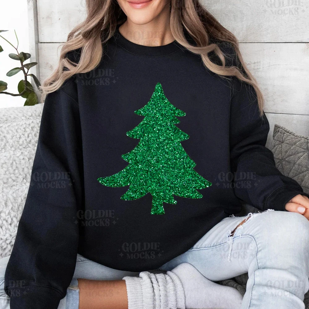 Sparkly Glitter Christmas Tree Hoodie Colors Christmas Women's Clothes Glitter Tree Women Clothing Sparkly Tree Sweatshirt Women