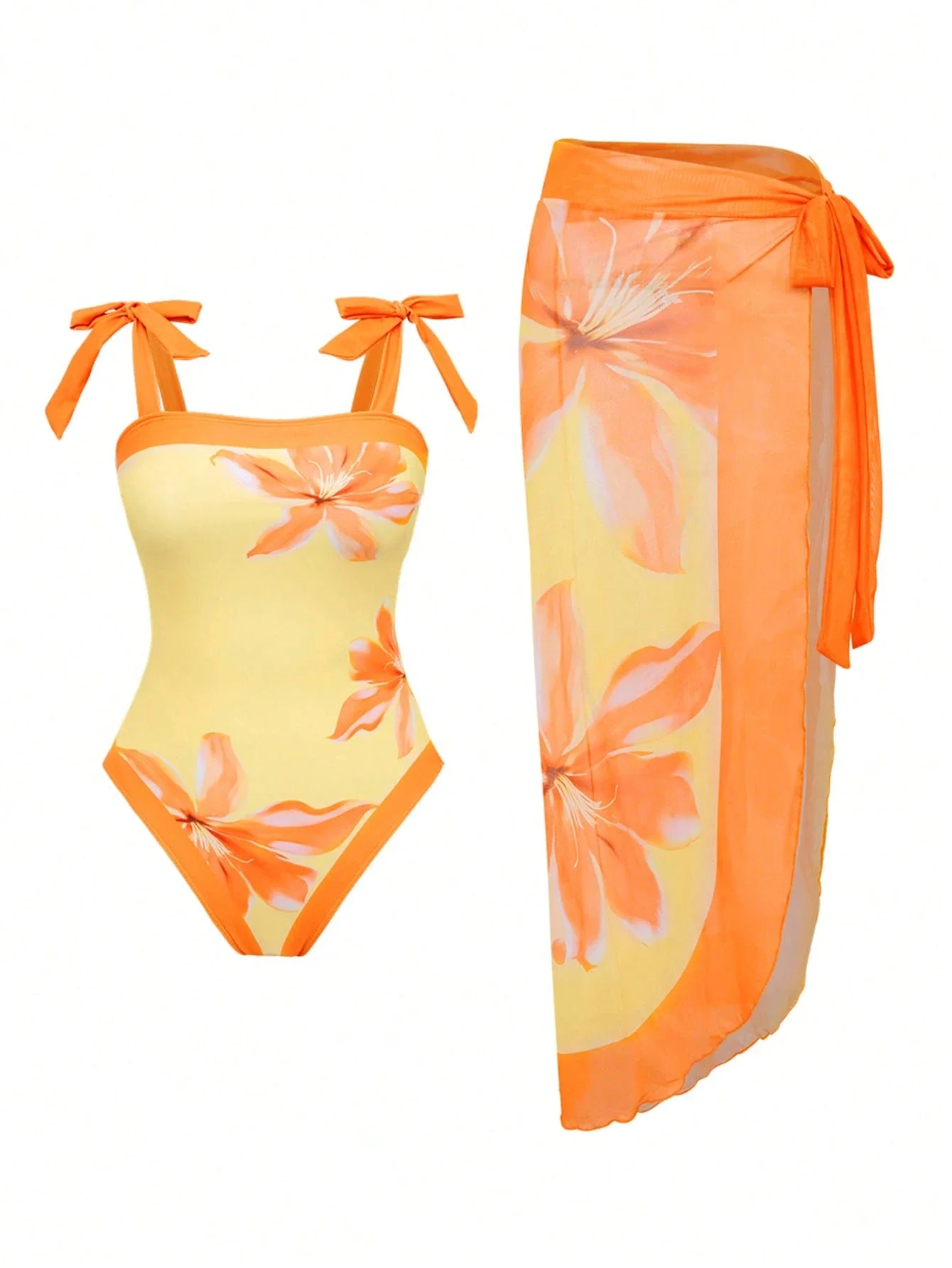 

Women Floral Print One Piece Swimsuit With Tie Waist Beach Skirt 2 Piece Set