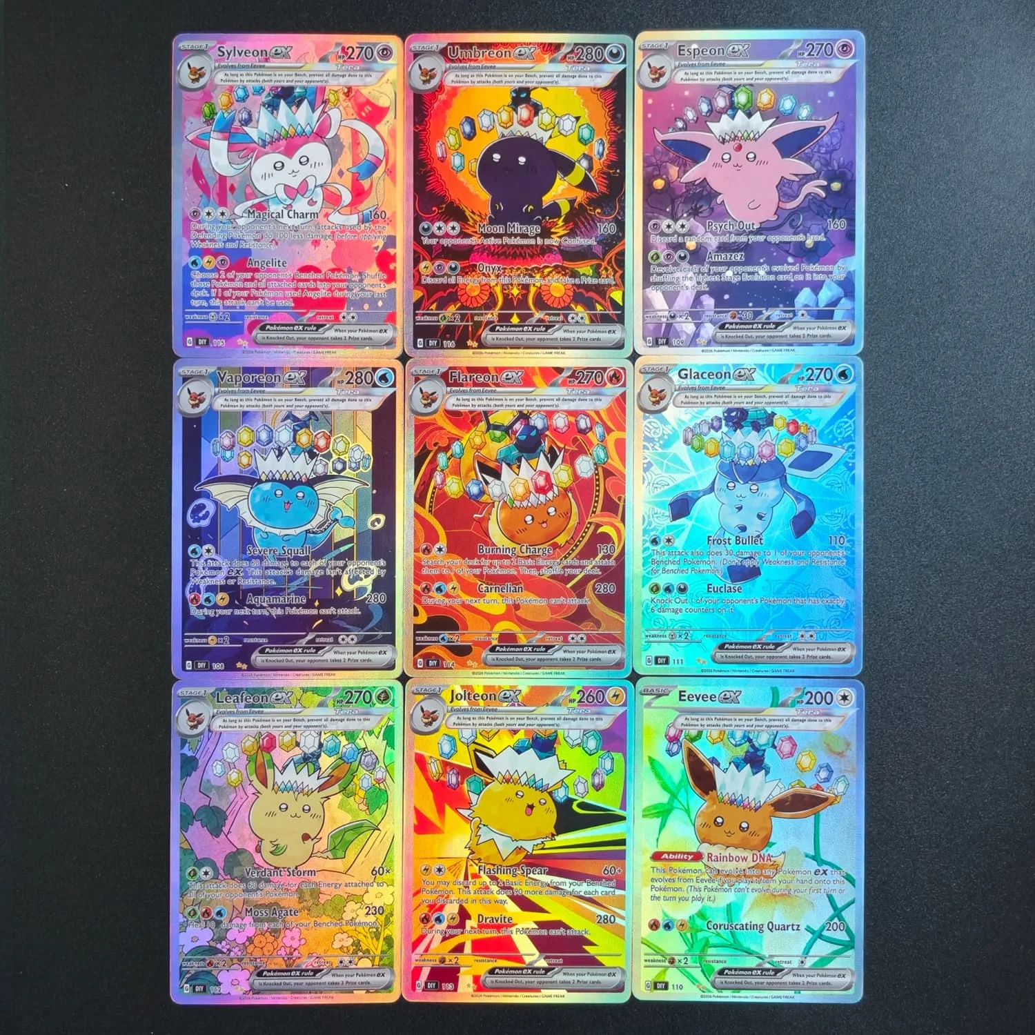 9 Style Diy PKM English Gem Eevee Vaporeon Flareon Espeon Umbreon Leafeon Glaceon Sylveon Jolteon Collection Anime Card