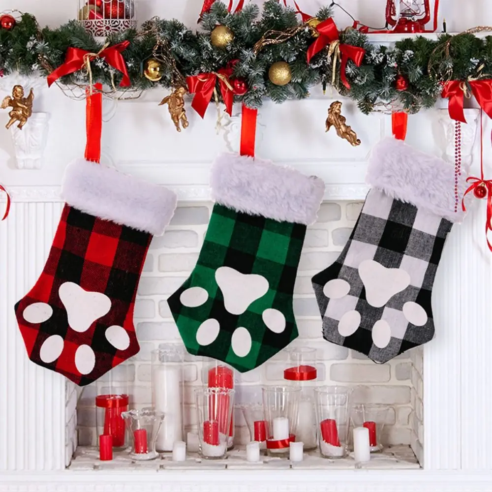 

Christmas Stocking Dog Claw Socks/Knit Sock New Year Candy Gift Bag Xmas Tree Fireplace Hanging Decoration Red Black