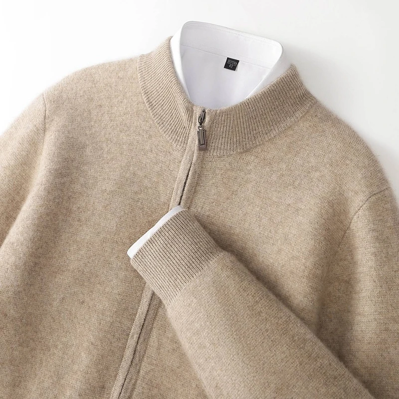 Autumn And Winter New 100% Pure Wool Sweater Men's Half-High Neck Thick Zipper Cardigan Business Casual Knitted Sweater Coat