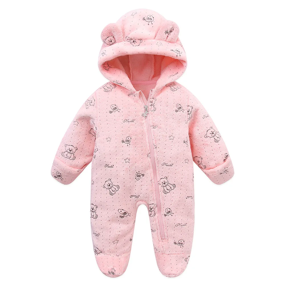 RAISE Autumn Winter Newborn Girl Romper Bear Print Flannel Hooded Infant Baby Girl Overalls 0-1Y Little Kid Boy Jumpsuit Outfits