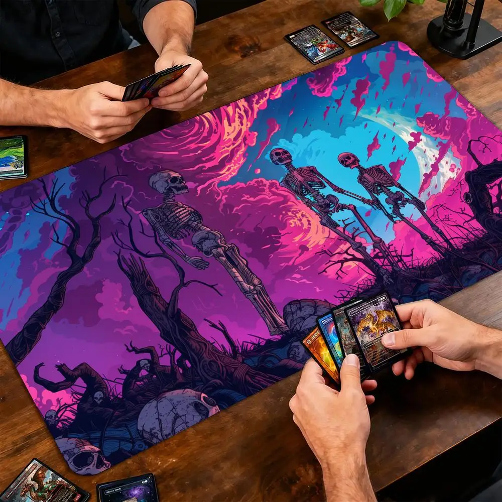 Neon Sky and Skeleton Wasteland Magic Card Battle Mat TCG Playmat Anti-slip Base Gathering Gaming Mats Board Game Mat for TCG
