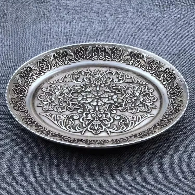 Exquisite Old Chinese Decorated Handwork Tibetan Silver Flower Plate White Copper