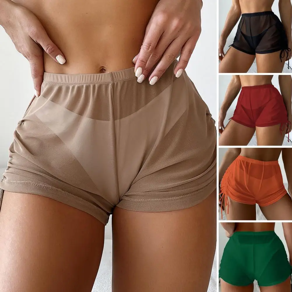 Trendy Solid Color Quick-drying Perspective Beach Swimsuit Shorts Above Knee Beach Shorts Water Activity Clothing