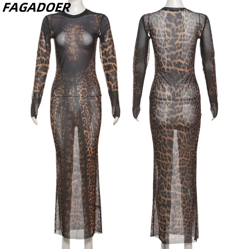 FAGADOER Retro Leopard พิมพ์ชุดผู้หญิงเซ็กซี่ดูผ่าน Patchwork ชุดเดรสสาวร้อน Night Party Clubwear Vestidos