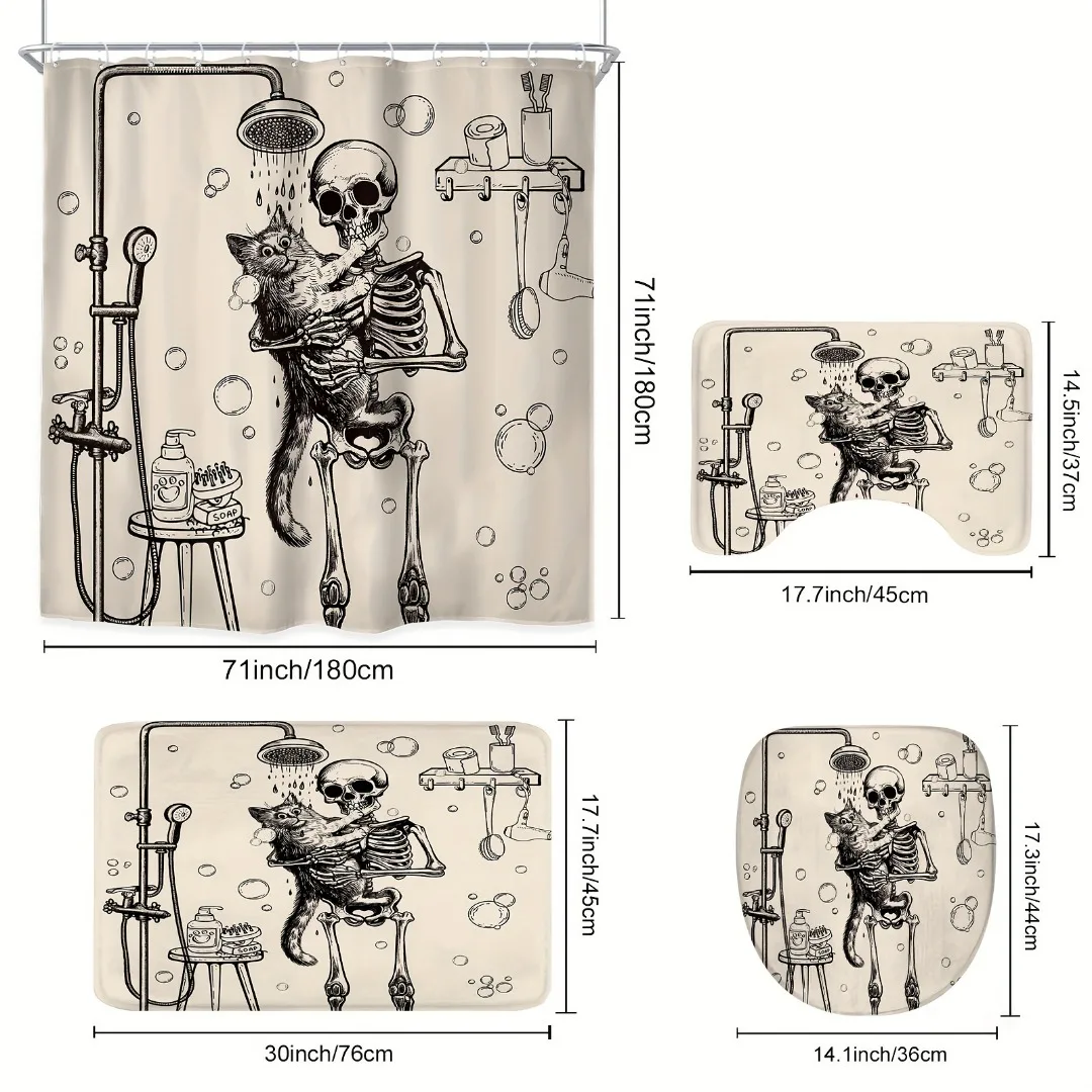 1/4 قطعة ديكور الهالوين غسل القط الهيكل العظمي نمط دش الستار ديكور الحمام هالوين الديكور ستارة الدش الداخلي #4