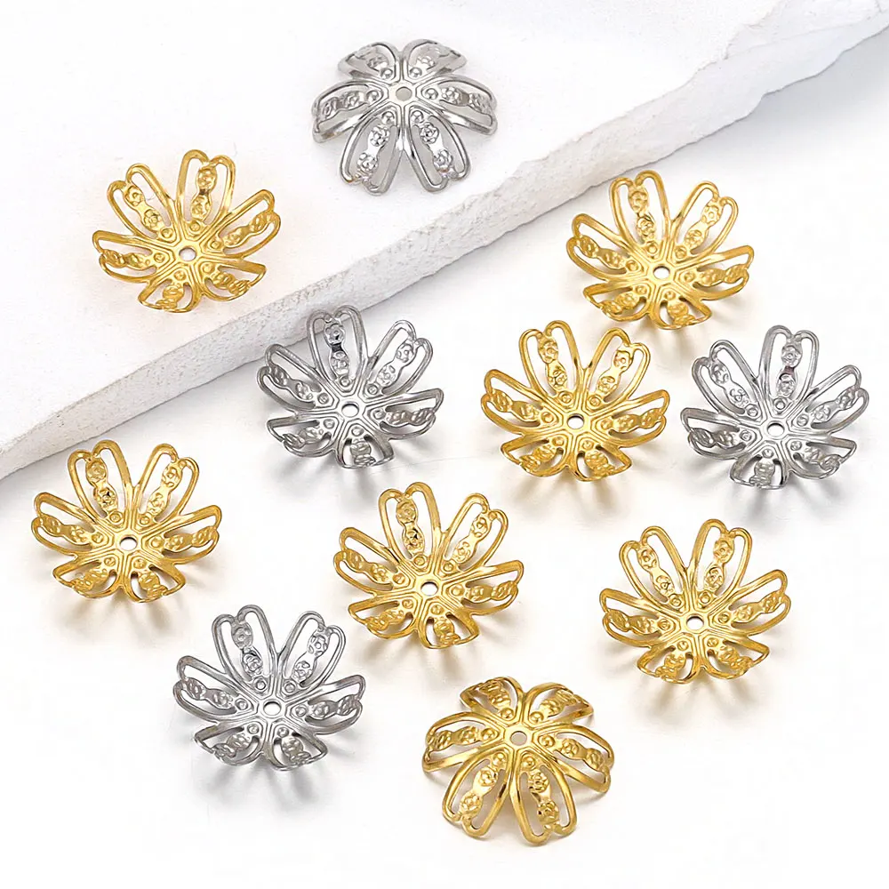 50pcs Stainless Steel Gold Plated Hollow Six Petal Bead Cap Charm End Spacer for DIY Bracelets Jewelry Making Supplies Wholesale