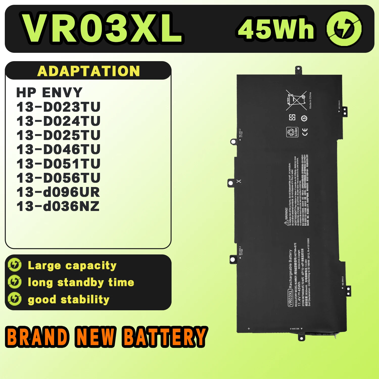 SAT VR03XL New Laptop Batteries Replacement For HP ENVY 13-D023TU/D024TU/D025TU/D046TU/051TU/D056TU/d096UR 11.4V-45Wh-3947mAh