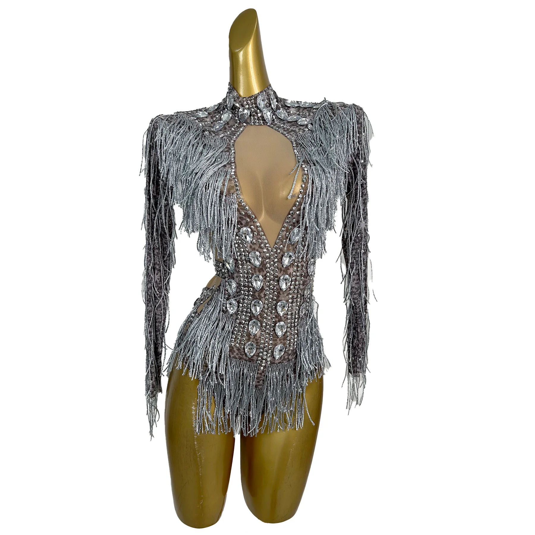 

Huixuzigaocha Роскошный женский комбинезон сексуальный перспективный сетчатый комбинезон с серебряными стразами и кисточками барный костюм для выступлений платья для выпускного вечера