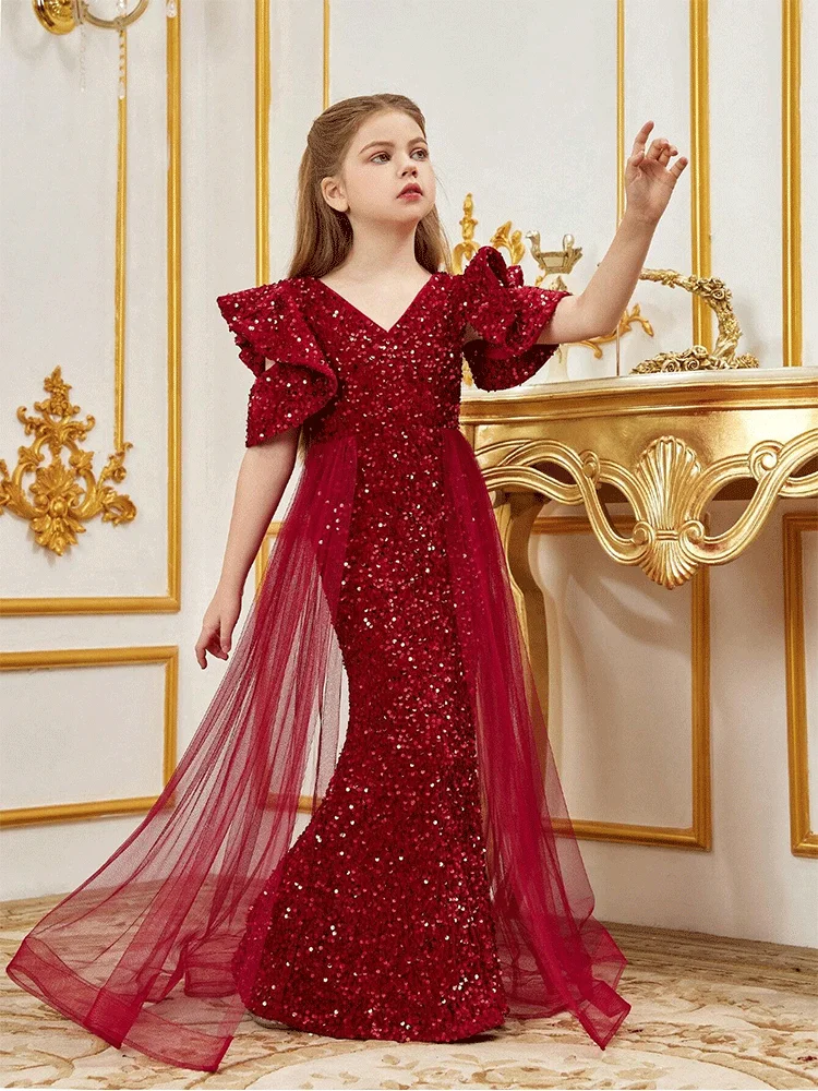 Girls V-Neck Velvet Floor-Length Performance Christmas Birthday Evening Dress Short-Sleeved Shiny Performance Evening Dress