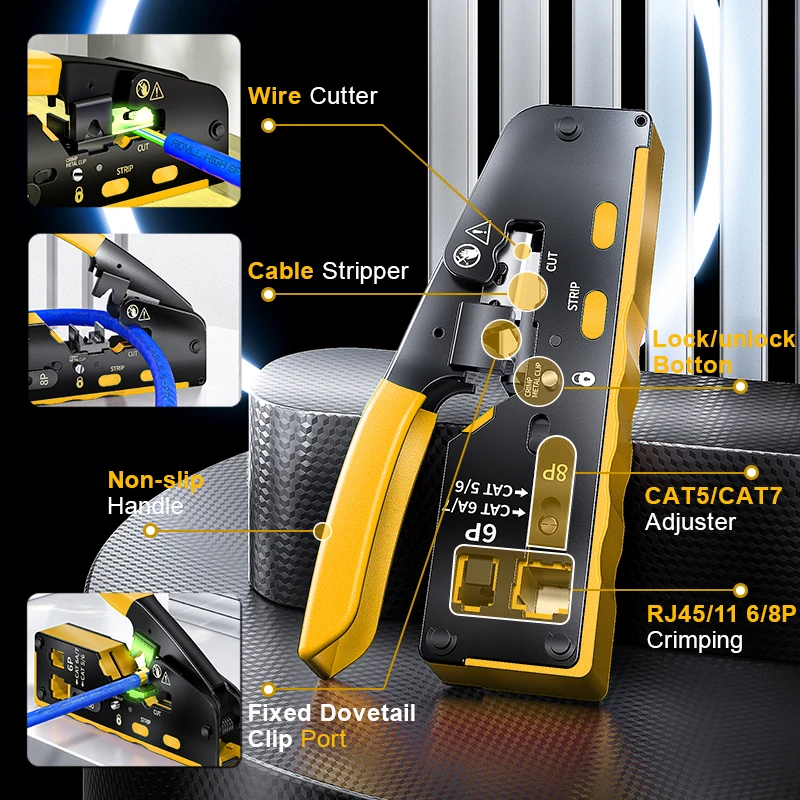 ROVLL RJ45 CAT7 Crimp Tool Pass Through Crimper Cutter for Cat6 Cat5 Cat5e 8P8C Modular Connector Ethernet All-in-one Wire Tool