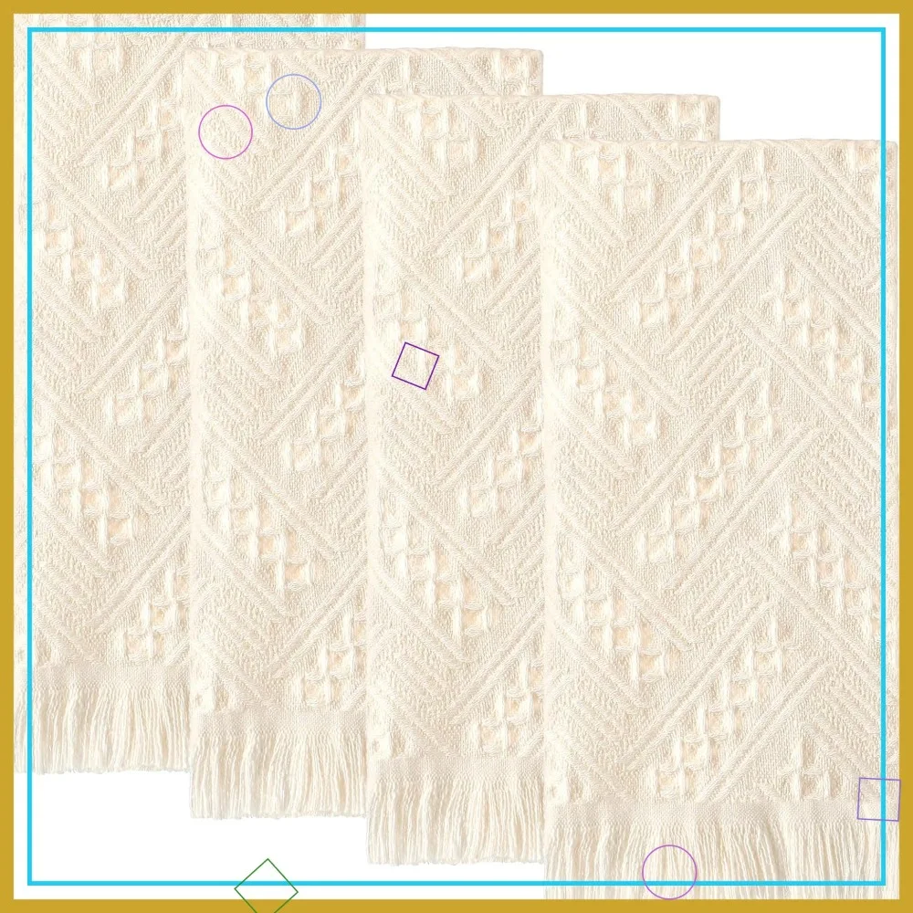 

4 Pack Boho Hand Towel 14x30 Inch 100% Turkish Cotton Waffle Weave Absorbent Soft Guest Gift Cream White