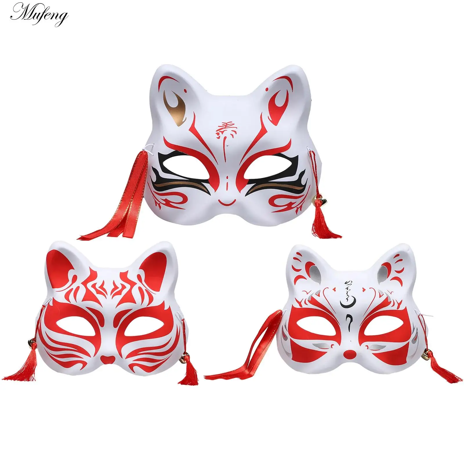 

Маска лисы демона японского аниме, ручная роспись, полумаска кошки, лисы с бахромой-колокольчиком для Хэллоуина, аксессуары для маскарадного костюма