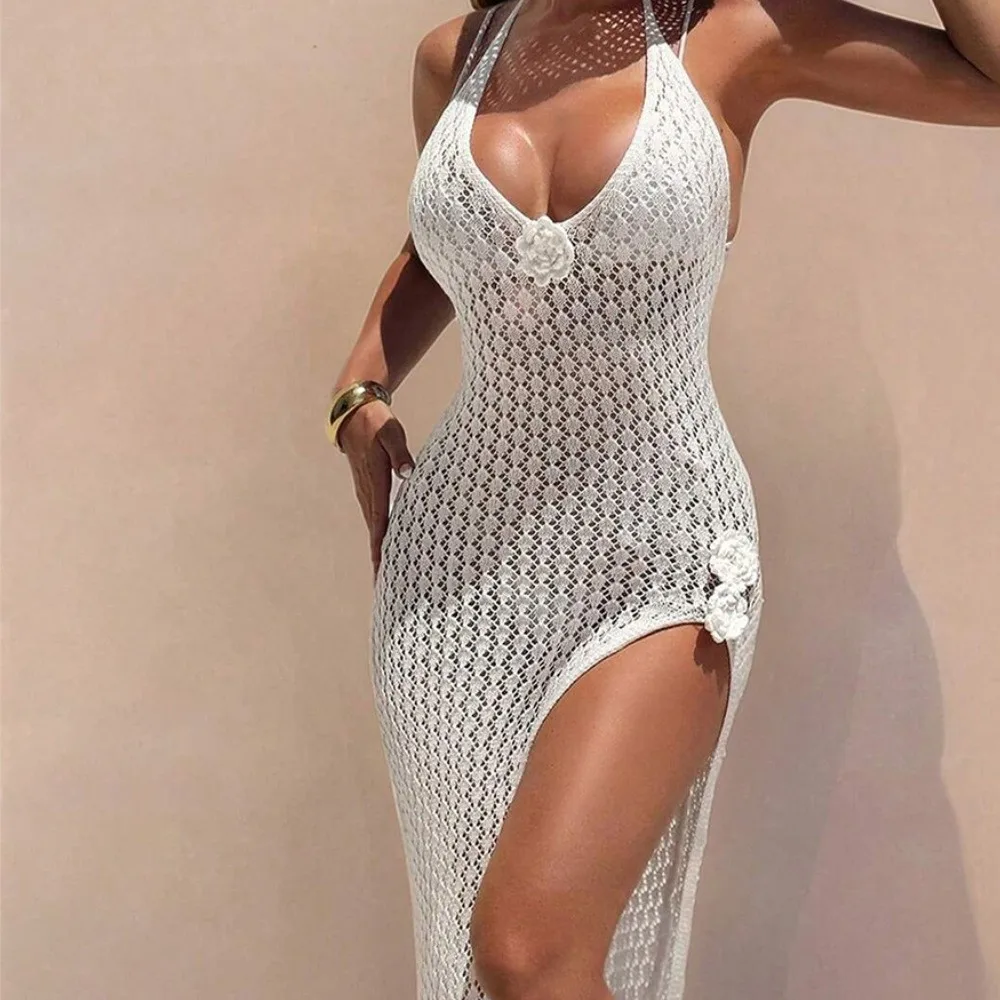 Women's Cover-up Dress Beachwear Tunic Swimwear Off Shoulder Crochet Swimsuit Hollow Out Halter Swim Solid Deep V
