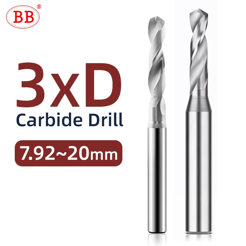 BB 7.92-20mm Solid Carbide Drill Uncoated PRO Bit Aluminum Hole Drilling 3xD Cutting External Cooling CNC Tool BF2055